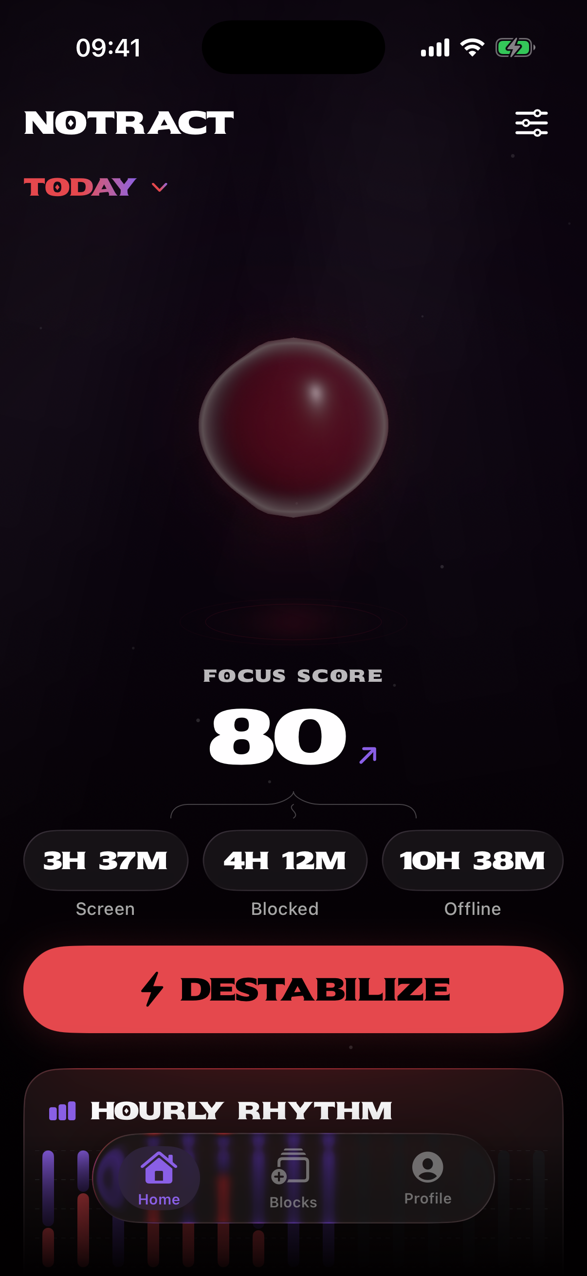 Alternate notract home screen state with the liquid droplet and daily screen-time controls